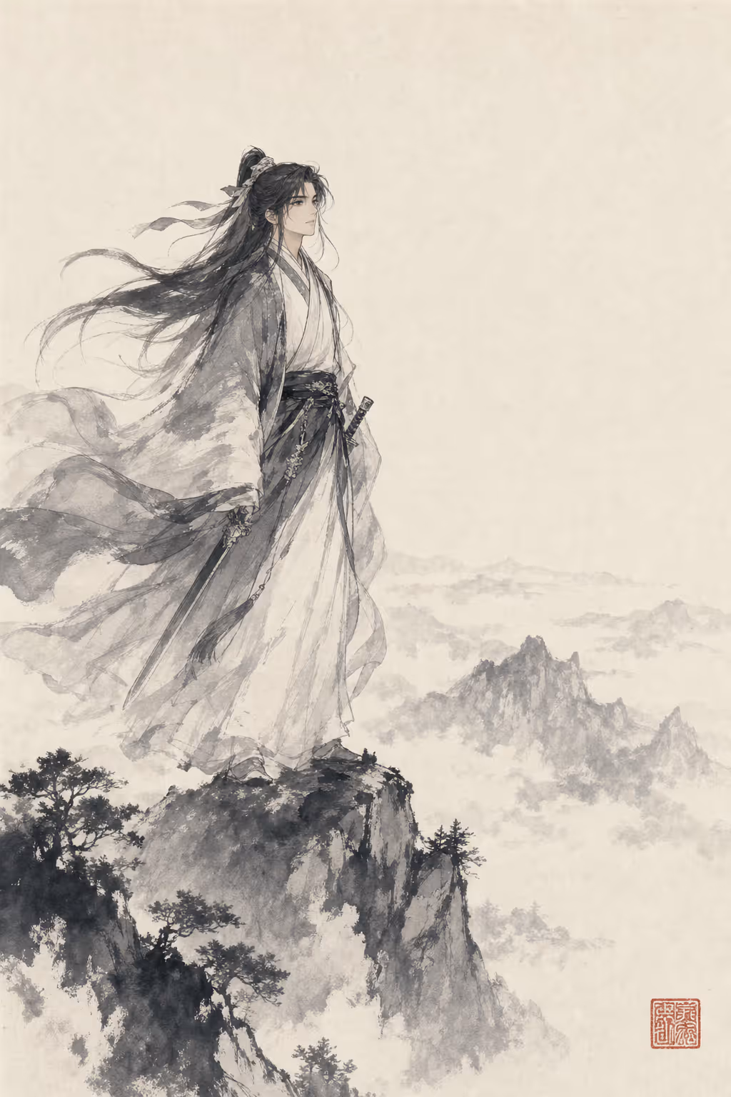 Inkwash brush painting of a young xian-style scholar standing on a misty mountain peak